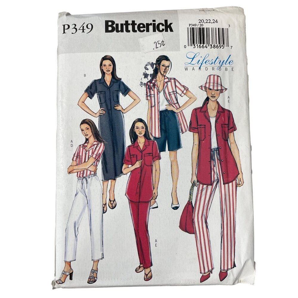 Y2K Butterick P349 Sewing Pattern Sizes 20-24 Shirt Dress Shorts Pants Hat UNCUT
